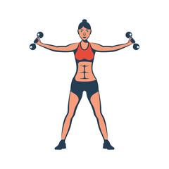 Girl lifts dumbbells, black icon. Fitness woman doing exercises with heavy discs. Young girl gym exercise sport athletet. Sports lifestyle. Vector illustration flat design. Attractive athletic female.