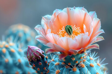 A close-up of a cactus flower in full bloom, showing its delicate petals and vibrant colors - obrazy, fototapety, plakaty
