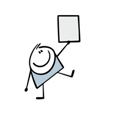 Cheerful child attracts attention, raises his hand, holds  sign with an empty space for text. Vector illustration of  funny boy and important information. Isolated cartoon character on white.