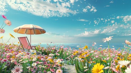 An early spring flower field scene with a beach umbrella and a beach chair. 3D rendering.