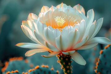 A close-up of a cactus flower in full bloom, showing its delicate petals and vibrant colors - obrazy, fototapety, plakaty