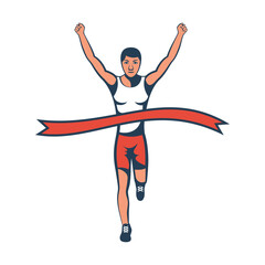 Runner at finish line. Sprinting athlete at finish with a winning tape. Vector illustration flat design. Isolated on white background. Sport man. Speed race and winner. Athlete silhouette black icon.