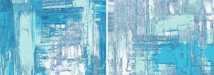 Grungy sea backgrounds rough paint strokes on canvas, set of two blue abstract paintings, cross hatching backdrop