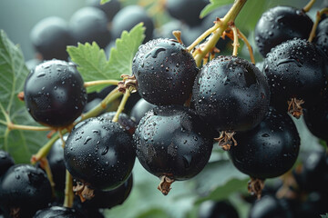 A close-up of a cluster of black currants, showing their glossy black skin and deep purple flesh