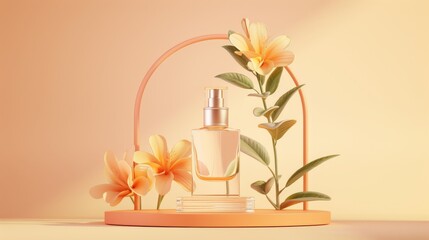 3D modern freesia eau de toilette ad. A glass bottle rests on an arch decorated with a circle and glass plant. An orange background is presented behind the bottle.