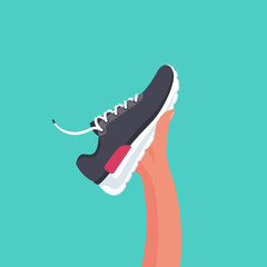 Sneakers in hand. Sports shoes holding in hand. Vector illustration flat design. Isolated on white background.