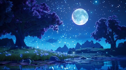 The background of this 3D animation features a beautiful starry sky and the full moon.