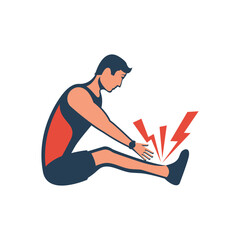 Sports injury, injured ankle. The runner injured their leg. Physical trauma. The athlete, a man sits bent over a tendon stretch. Vector illustration flat design. Isolated on white background.