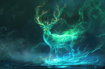 A deer made of glowing light particles against a dark background, appearing ethereal and bioluminescent