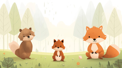 Fototapeta premium Little brown bear, little fox, little chipmunk, little bunny, children's book illustration style сreated with Generative Ai