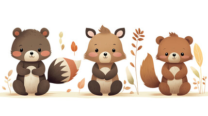 Obraz premium Little brown bear, little fox, little chipmunk, little bunny, children's book illustration style сreated with Generative Ai