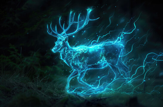 A deer made of glowing light particles against a dark background, appearing ethereal and bioluminescent