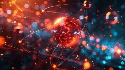 Atom, the smallest constituent unit of ordinary matter that has the properties of a chemical element. atom icon, neon chemistry, digital learning era background - obrazy, fototapety, plakaty