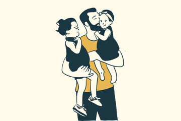 Father carrying his dauther kiss them on cheek, Father's day concept vector drawing