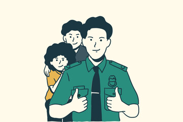 Father thumbs up with uniform children hugging from behind, Father's day vector concept line drawinig