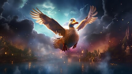 Bring to life a digital photorealistic rendering showcasing a magical duck floating gracefully in the sky above a mystical world filled with intricate details, futuristic elements, and a touch of clas