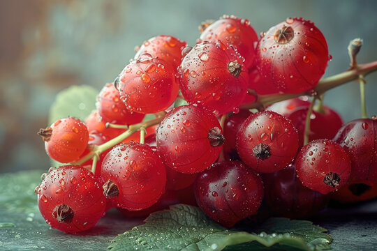 A close-up of a cluster of red currants, showing their translucent skin and bright red color