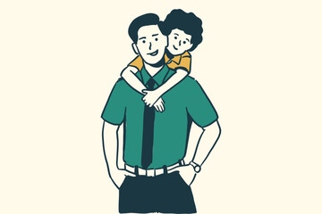 Man standing child hug from behind, Father's day concept vector line drawing