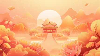 Featuring the Chinese traditional dragon boat festival poster with an illustrated giant zongzi, misty clouds, mountains, trees, drum, and glitter background. Text: Happy Duanwu holiday! - obrazy, fototapety, plakaty