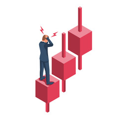 Recession concept. Falling market. The trading broker is horrified at the falling market. Financial graph down. Vector illustration isometric design.