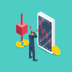 Falling market. The trading broker is horrified at the falling market. Walking stock exchange. Fall graphics. Vector illustration isometric design. Isolated on white background.