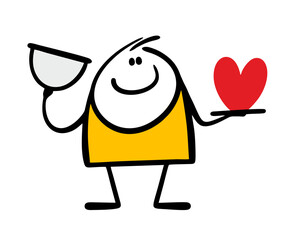 Doodle satisfied stick man brought the dish. Funny vector illustration of  cook lifting cap off  plate and showing  large red heart. Gives love. Isolated cartoon character on white background.