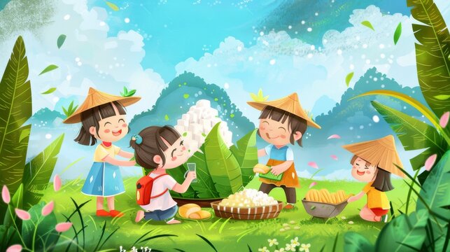 Happy Dragon Boat Festival on beautiful meadow with kids around giant zongzi carrying food ingredients. Text:Happy Dragon Boat Festival on May 5th.