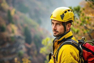 Fototapeta premium young man in orange uniform with helmet and climbing equipment is hanging on the wall, natural background