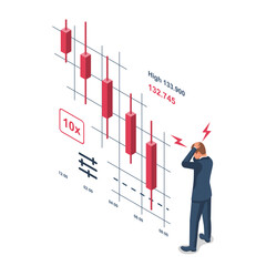 Falling market. The trading broker is horrified at the falling market. Walking stock exchange. Fall graphics. Vector illustration isometric design. Isolated on white background.