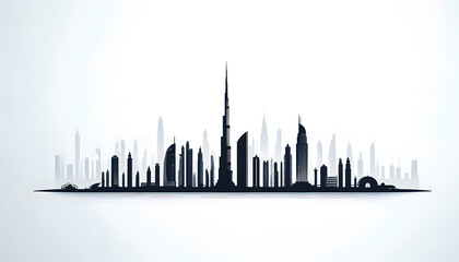 Silhouette of Dubai skyline UAE. Black skyscrapers on white background.
