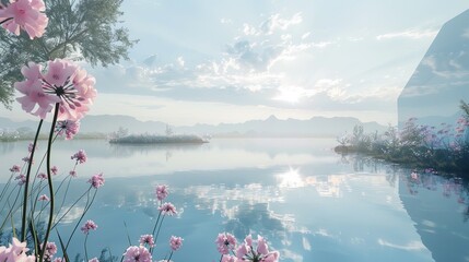 Spring summer landscape scene with geometric form, lake and flower view. 3D rendering.
