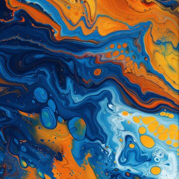Abstract marbling oil acrylic paint background illustration art wallpaper - Orange blue color with liquid fluid marbled paper texture banner painting texture