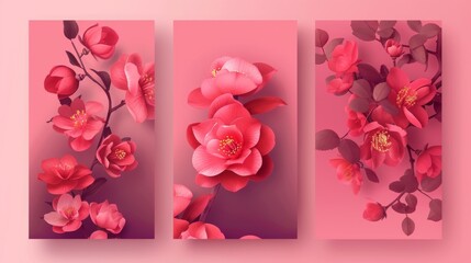 Camellias and plum flowers on pink textured floral brochure template.