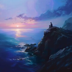 A traveler sits contemplating the calm sea from a high rocky cliff at dusk, embracing the peace of nature