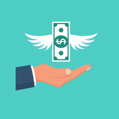 Flying money. Money flies out of your hands. Dollar bill with wings. Vector illustration flat design. Isolated on white background.