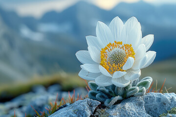 An edelweiss flower in full bloom, showing its delicate petals and fuzzy white hairs - obrazy, fototapety, plakaty
