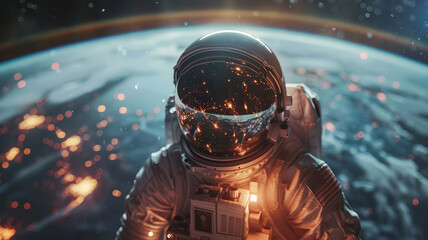 Cosmonaut in close-up in space, planet earth in the background