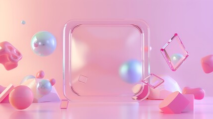 A 3D glassmorphism rectangle plate is floating in the center on a background that is gradient pink.