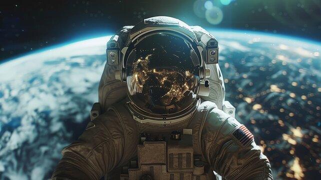 Cosmonaut in close-up in space, planet earth in the background