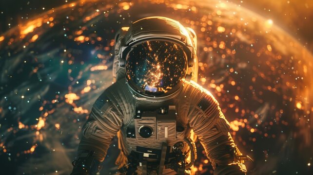 Cosmonaut in close-up in space, planet earth in the background