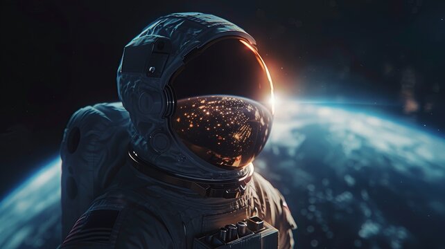 Cosmonaut in close-up in space, planet earth in the background