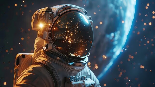 Cosmonaut in close-up in space, planet earth in the background