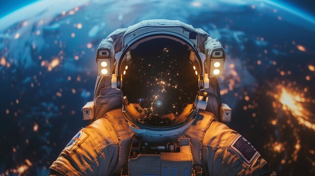 Cosmonaut in close-up in space, planet earth in the background