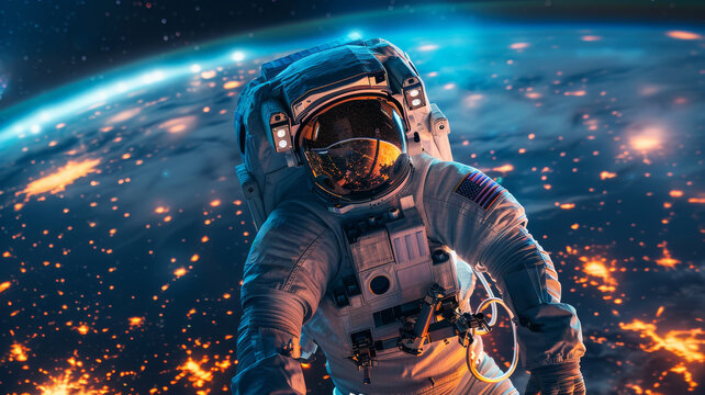 Cosmonaut in close-up in space, planet earth in the background
