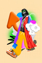 Stylish young woman in casual modern clothes confidently walking, Contemporary art collage. Colorful streetwear expressing individuality. Modern fashion, creative, youth, style concept. Vibrant design © master1305