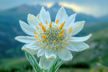 Fototapeta premium An edelweiss flower in full bloom, showing its delicate petals and fuzzy white hairs