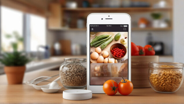 Online cookbook and shopping list through mobile app marketplace. Phone with lunch recipe and ingredients on the screen on the kitchen counter. Modern domestic lifestyle.