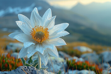 Fototapeta premium An edelweiss flower in full bloom, showing its delicate petals and fuzzy white hairs