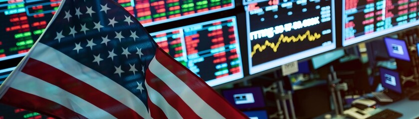The USA flag overlooks the stock market, where trading strategies and financial analysis converge - obrazy, fototapety, plakaty
