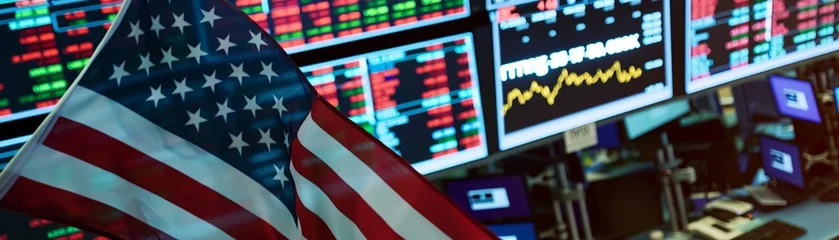 Foto op Plexiglas The USA flag overlooks the stock market, where trading strategies and financial analysis converge © Chanoknan